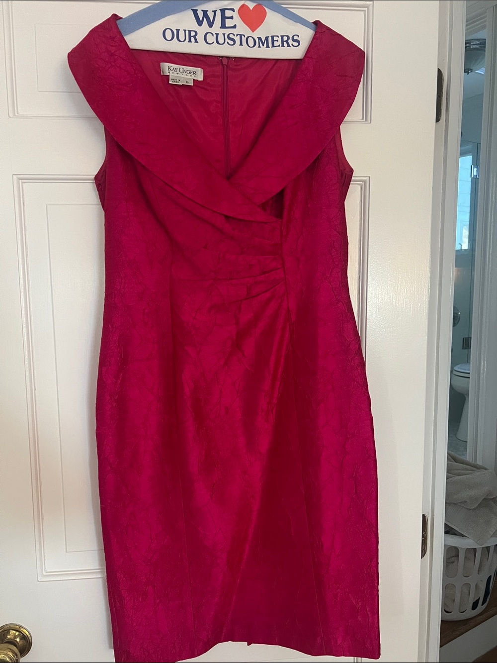 Kay Unger Hot Pink Midi Sheath Dress with Portrait Collar